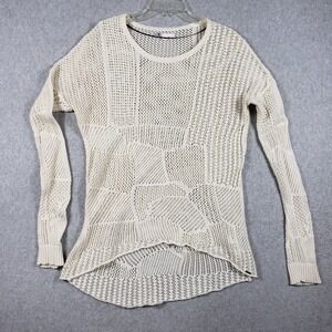 Volcom Womens Sweater Large Cream Make U Mine Crochet Boho Open Knit Hi-Low Hem